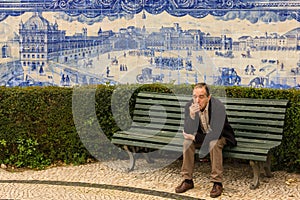 Blue tiles depicting the old town. Lisbon. Portugal