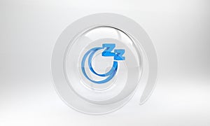 Blue Time to sleep icon isolated on grey background. Sleepy zzz. Healthy lifestyle. Glass circle button. 3D render