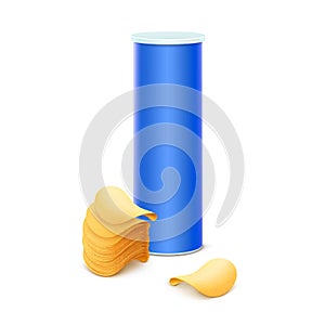 Blue Tin Box with Stack of Potato Crispy Chips Isolated