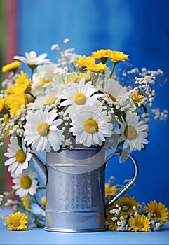 Blue tin mug with bunch of daisies. Generative AI