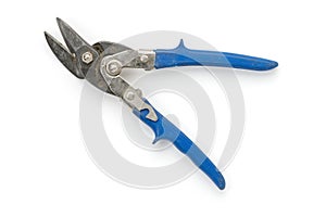 Blue tin snips on white