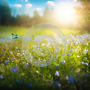 Blue tiny flowers on spring blooming meadow with flying butterflies. Banner of a fresh blooming forget-me-not in the sunshine.