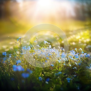 Blue tiny flowers on spring blooming meadow with flying butterflies. Banner of a fresh blooming forget-me-not in the sunshine.