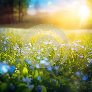 Blue tiny flowers on spring blooming meadow with flying butterflies. Banner of a fresh blooming forget-me-not in the sunshine.