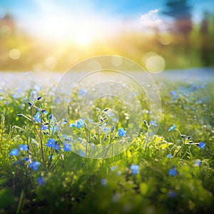 Blue tiny flowers on spring blooming meadow with flying butterflies. Banner of a fresh blooming forget-me-not in the sunshine.