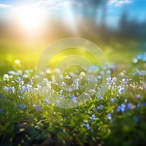 Blue tiny flowers on spring blooming meadow with flying butterflies. Banner of a fresh blooming forget-me-not in the sunshine.