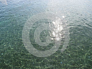 Blue, tirquise water rippled background with sun flare reflection. sea, ocean, swimming pool.