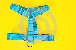 Blue tissue dog harness with silver metal fittings isolated on yellow background. For a safe trip and walk with your pet. Pet