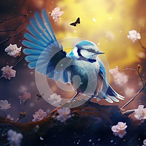 Blue tit, Parus caeruleus  Made With Generative AI illustration