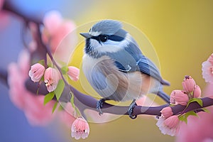 Blue titmouse bird on cherry blossom branch, sunny day. AI Generated