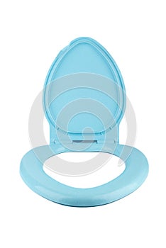 Blue toilet seat with open lid isolated on white background.