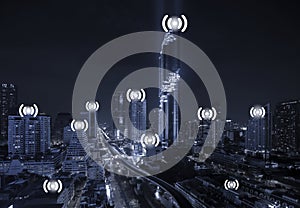 Blue Tone City Scape and Wifi Network Connection