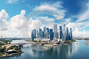 Blue tone panorama of waterfront Singapore city skyline and buildings landscape