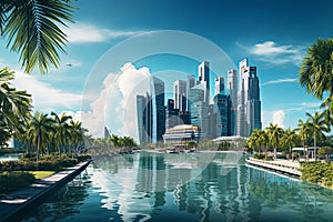 Blue tone panorama of waterfront Singapore city skyline and buildings landscape