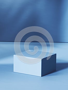 Blue toned square empty pedestal and shaded background. 3d computer graphic template of displaying place for your products