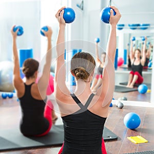 Blue toning ball in women pilates class rear view photo
