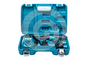 Blue toolbox with driver isolated on white