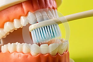 A blue toothbrush cleans teeth in the oral cavity of a dental jaw mockup on a yellow background. Concept of care and