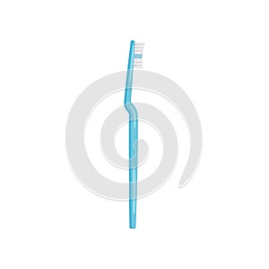 Blue toothbrush with long plastic handle, side view. Health and oral hygiene theme. Flat vector icon