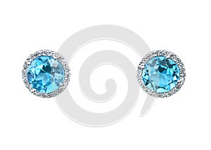 Blue topaz Gemstone and diamond earrings cushion cut with a halo setting.