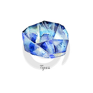 Blue Topaz isolated on white background. Watercolor illustration of gems.