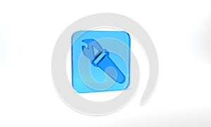 Blue Torch flame icon isolated on grey background. Symbol fire hot, flame power, flaming and heat. Glass square button