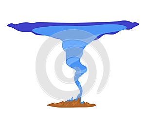 Blue tornado cartoon drawing. Whirlwind vector art with brown ground. Natural disaster, windy weather vector