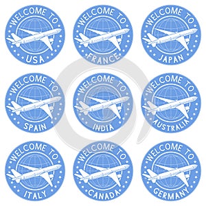 Blue tourist stamps. Welcome signs with airplane