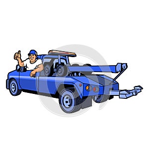 Blue Tow Truck Driver red uniform holding a paint  of paint.Cartoon character Handy Man mechanic illustration plumber tow truck co