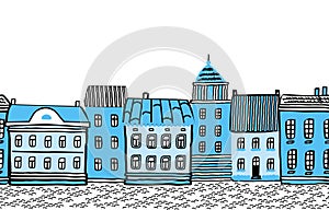 Blue town. Seamless border with houses. Old town background. Blue houses