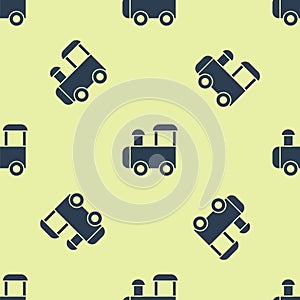 Blue Toy train icon isolated seamless pattern on yellow background. Vector