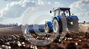 A blue tractor plowing field.AI generated image photo