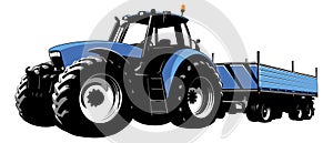 Blue tractor with trailer for transportation of goods. Agricultural machine. Tractor on a white background. Stock Vector illustrat