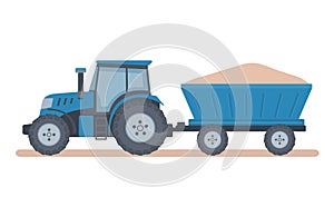 Blue tractor with trailer on white background.