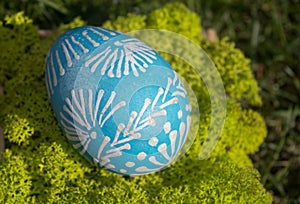 Blue traditionally decorated Easter egg