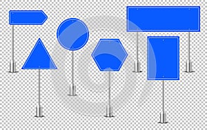 Blue traffic signs. Road board text panel, mockup signage direction highway city signpost location street arrow way