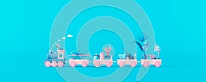 Blue train and pink wagons filled with luggage and beach accessories on pastel blue background. Creative minimal summer concept