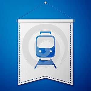 Blue Train and railway icon isolated on blue background. Public transportation symbol. Subway train transport. Metro