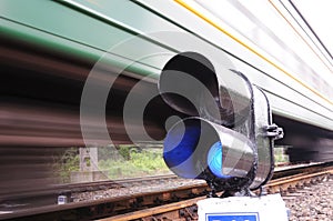Blue train signal, motion blur