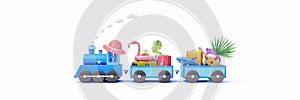 Blue train and wagons filled with luggage and beach accessories on white background. Creative summer vacation idea 3D Render