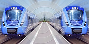 Blue trains in motion