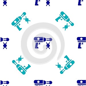 Blue Transfer liquid gun in biological laborator icon isolated seamless pattern on white background. Vector