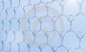Blue transparency chemical glass hexagonal structure connection network background. Science and cosmetics concept. 3D illustration