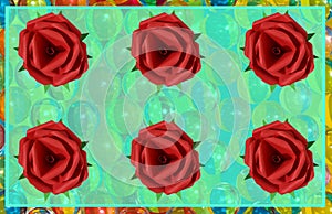 blue transparent frame with red rose flowers, colorful abstract background with 3d balls, creative holiday futuristic design