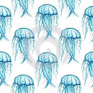 Blue transparent jellyfish on a white background. Seamless pattern. Watercolor illustration. Marine life. Undersea world. For