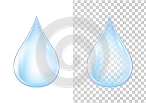 Blue transparent shiny water drop on white and transparent background