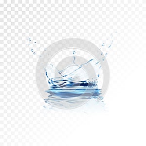 Blue transparent water vector splash crown with ripple reflection. water spray with drops . 3d illustration