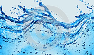 blue transparent water wave splash abstract with water bubbles on white