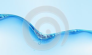 Blue transparent water wave splash with bubbles isolated on blue background. Real transparent water effect. Vector