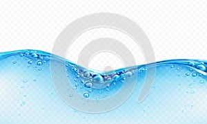 Blue transparent water wave splash with bubbles isolated on white background. Real transparent water effect. Vector